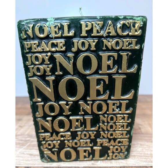 Green & Gold Decorative Holiday Candle With Embossed Text "Joy Peace Noel" - Picture 3 of 7